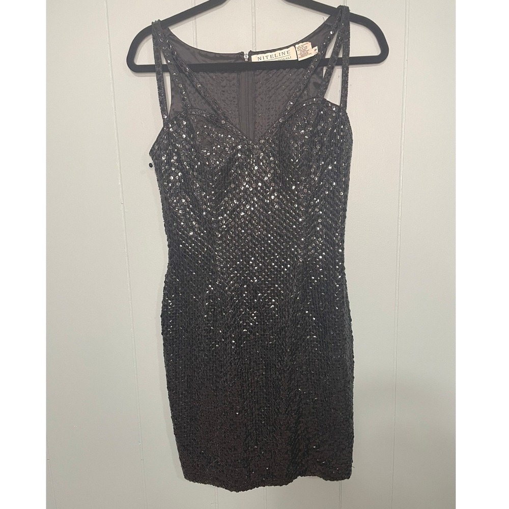 Vintage 90s NiteLine Della Roufogali Black Beaded Strappy V Neck Party‎ Dress - Picture 5 of 8